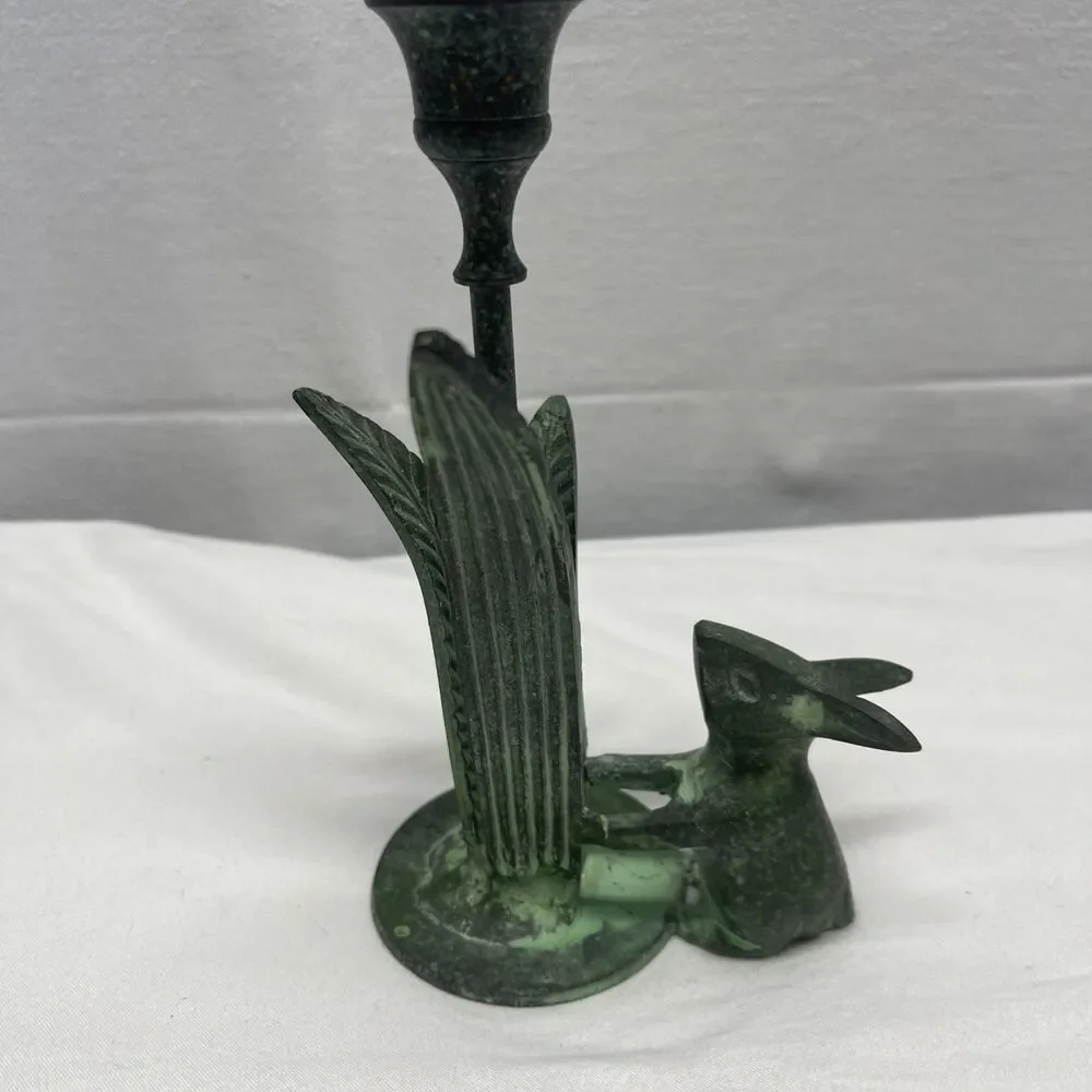 Vintage Cast Metal Rabbit Bunny Candleholder w/ Leaves 7